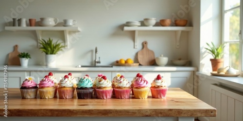 Wallpaper Mural A row of delightful cupcakes adorned with colorful frosting and delicate decorations sits on a kitchen counter, bathed in soft sunlight streaming through a nearby window. Torontodigital.ca