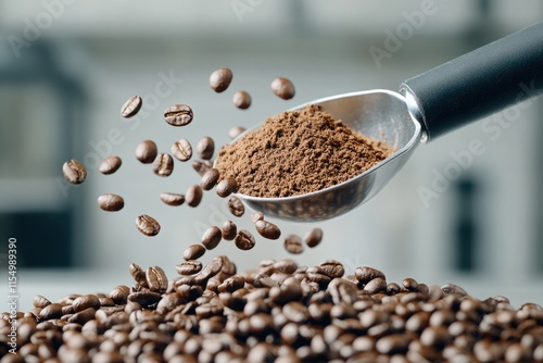 Coffee beans and ground coffee being measured with a scoop in a kitchen setting during daylight hours photo