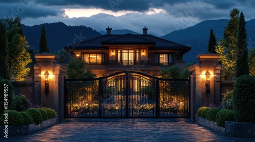 Luxurious mansion at dusk, illuminated, gated entrance.