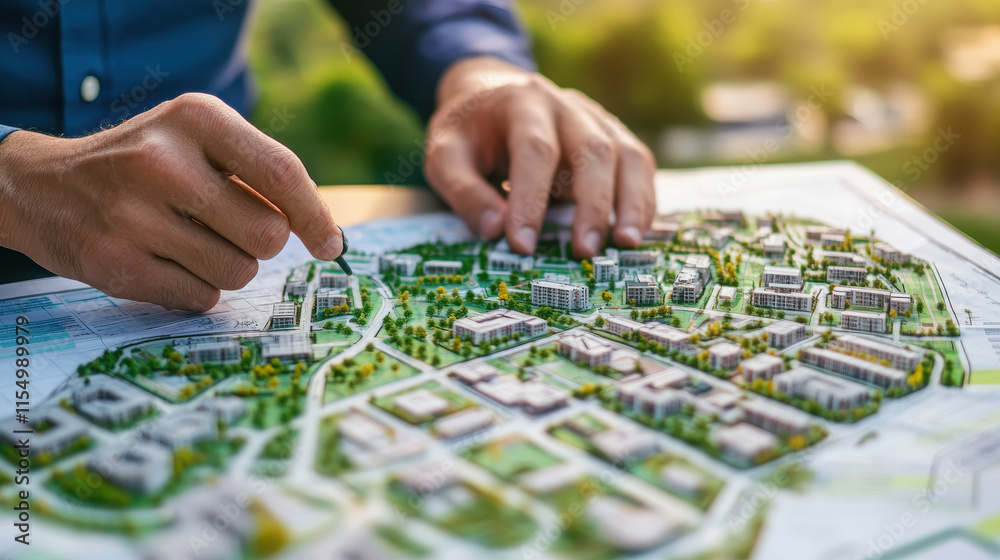 Fototapeta premium A person analyzing a detailed architectural model of a planned community.