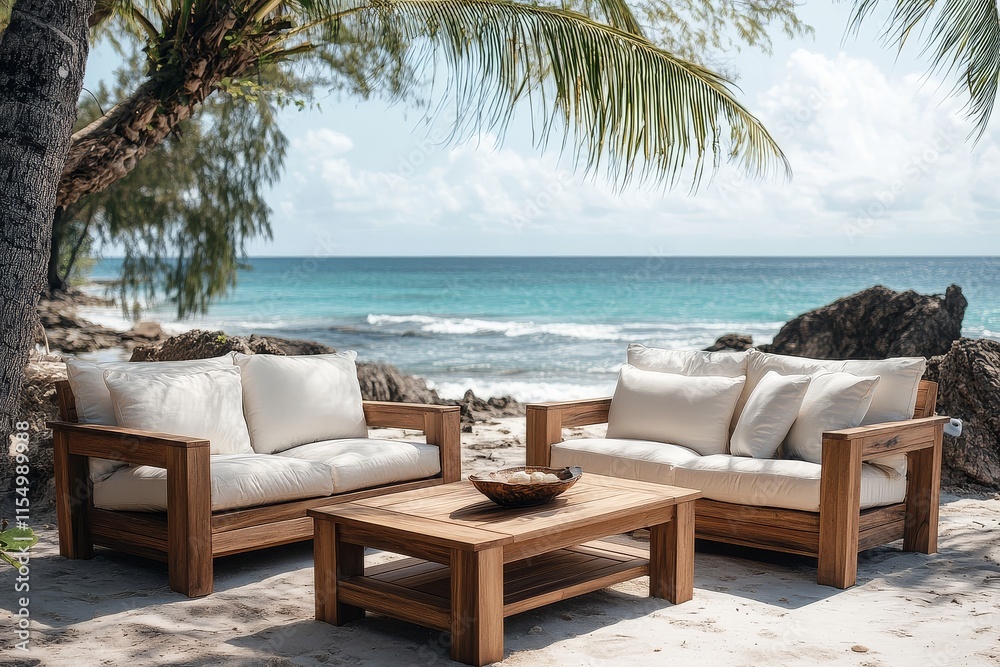 Naklejka premium Carnegie Hall-inspired teak garden furniture set with coffee table and armchairs on a beach, showcasing natural wood texture and coastal view.