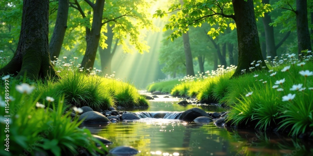 Obraz premium Serene Stream Flowing Through a Sun-Dappled Forest, Adorned with Delicate White Blossoms