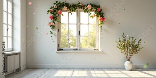 Serene Room with White Window Adorned by Blooming Roses and Delicate Petals Falling Gracefully