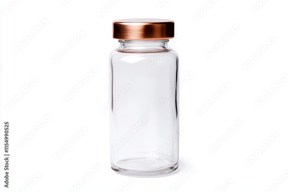 Clear glass bottle with copper lid, isolated on white. Clear glass bottle with copper lid, isolated on white.