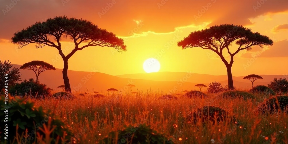 Fototapeta premium Golden Hour Savanna Two Majestic Umbrella Acacias Silhouette Against a Vibrant Sunset Sky Over Lush Grassland