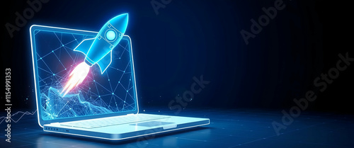 Startup Concept. Rocket Flying Out of Laptop Screen From Lines, Triangles and Low Poly Style Design. copy space