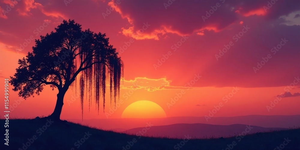 Fototapeta premium Serene Sunset Silhouette Weeping Tree on a Hilltop at Dusk