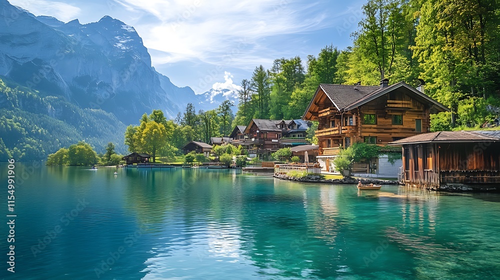 Alpine Lakeside Village, Scenic Swiss Village by the Lake. Tranquil Mountain Scenery. Alpine Lakeside Village, Scenic Swiss Village by the Lake. Tranquil Mountain Scenery.