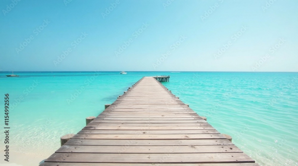 Fototapeta premium Serene Wooden Pier Extending into a Tranquil Turquoise Ocean Under a Bright Summer Sky