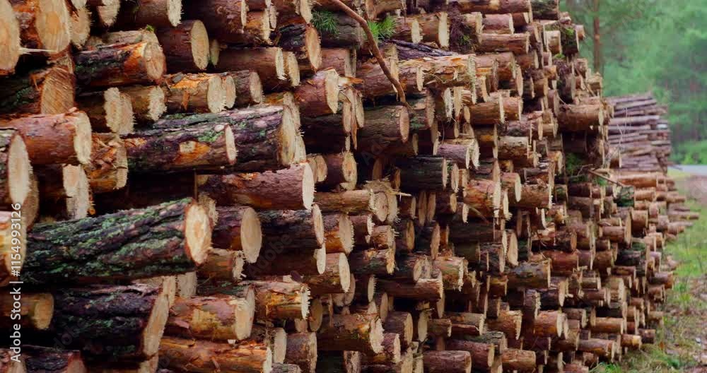 Sawn logs trees in the forest. Procurement of firewood and lumber for the woodworking industry. Deforestation in Europe affects the environment. 4k slow motion Sawn logs trees in the forest. Procurement of firewood and lumber for the woodworking industry. Deforestation in Europe affects the environment. 4k slow motion