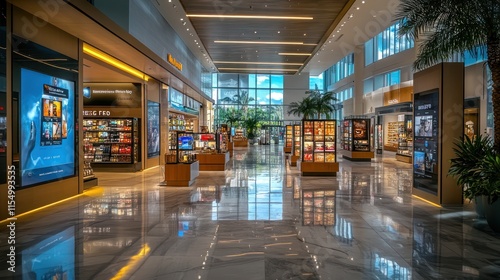 Modern luxury airport terminal interior with shops and displays.