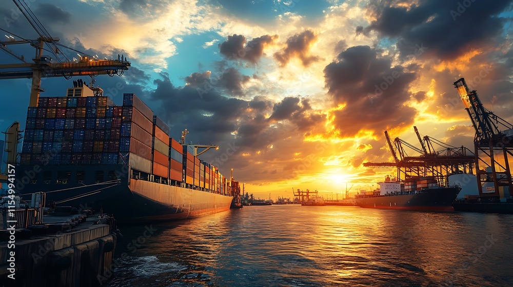 Naklejka premium Cargo ship at sunset port. Global trade and logistics concept.