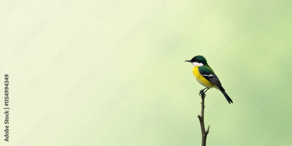 Fototapeta premium A Vivid Yellow and Green Bird Perched on a Slender Twig Against a Soft Green Background