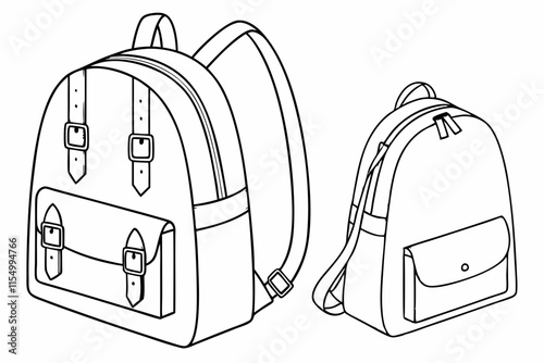 Rounded Backpack with Straps and Pockets  Vector Silhouette on White Background