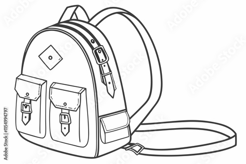 Rounded Backpack with Straps and Pockets  Vector Silhouette on White Background