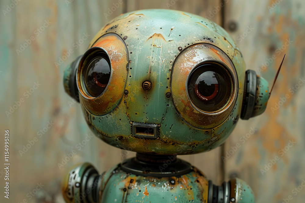 A small robot with large expressive eyes displays a curious demeanor A small robot with large expressive eyes displays a curious demeanor