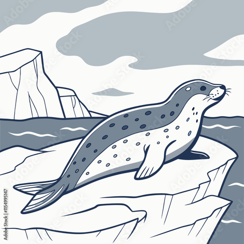 A digital artwork of a leopard seal resting on an iceberg, showcasing the serene beauty of wildlife in a cold, icy environment.