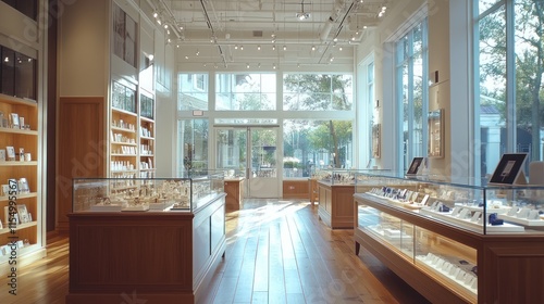 Bright, airy jewelry store interior with wooden displays and large windows.