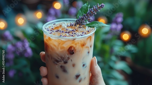 A refreshing iced drink garnished with lavender and mint, set against a blurred floral background.