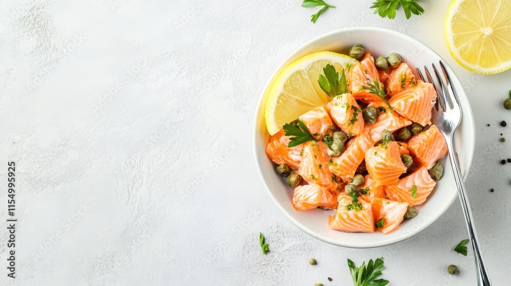 Open can of salmon features fish pieces on a fork alongside lemon and capers, showcasing a minimalist food presentation Open can of salmon features fish pieces on a fork alongside lemon and capers, showcasing a minimalist food presentation