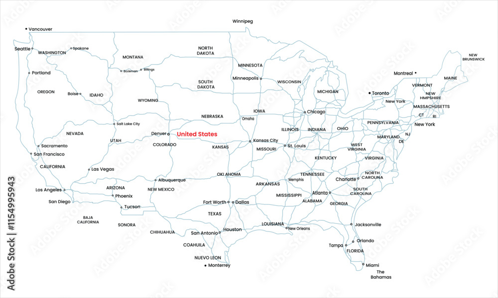 Detailed Map of the United States with Major Cities and States Detailed Map of the United States with Major Cities and States