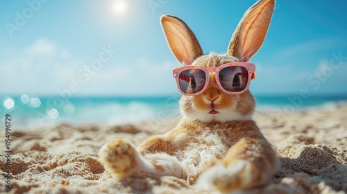 A relaxed rabbit wearing sunglasses on a beach, enjoying a sunny day.