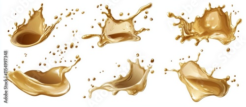 Six golden liquid splashes isolated on white background. photo