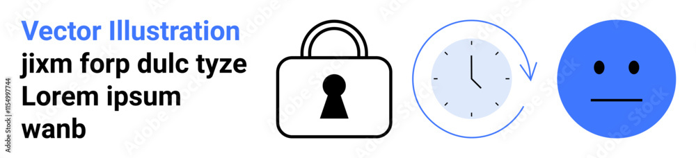 Vector image of a padlock, clock with arrow indicating time, and blue face icon with neutral expression. Ideal for security, time management, punctuality, emotion representation, user interface Vector image of a padlock, clock with arrow indicating time, and blue face icon with neutral expression. Ideal for security, time management, punctuality, emotion representation, user interface
