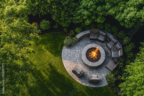 Large round fire pit with seating on elegant paver patio in backyard, surrounded by lush green grass, trees, and outdoor table, captured in high detail.