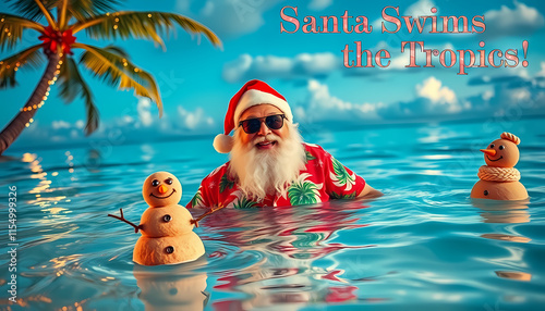Santa swimming under palm trees in the tropics