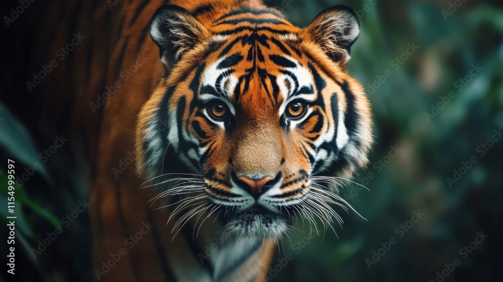 Majestic Tiger Staring Intensely Amidst Lush Greenery, Capturing the Power and Beauty of One of Nature's Most Iconic Big Cats in a Stunning Natural Setting Majestic Tiger Staring Intensely Amidst Lush Greenery, Capturing the Power and Beauty of One of Nature's Most Iconic Big Cats in a Stunning Natural Setting