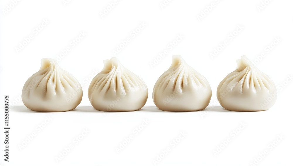 Obraz premium Four steamed dumplings arranged in a row on white background. (1)