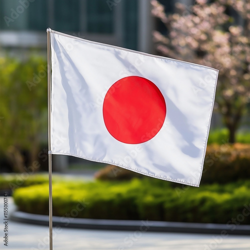 Japanese flag waving with cherry blossoms in the background photo