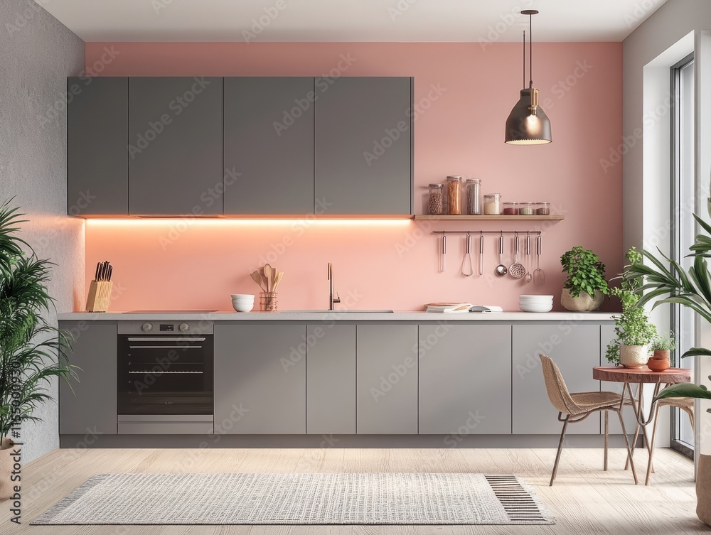 Fototapeta premium Modern Grey and Pink Kitchen Design with Plants