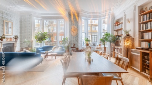 Bright, airy living room with bay windows, dining table, and bookcases. photo