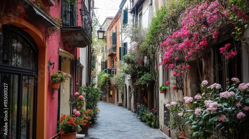 Charming Narrow Street Surrounded by Colorful Flowers in Italy
