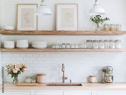 Minimalist Kitchen Shelves With White Dishes And Glass Jars photo