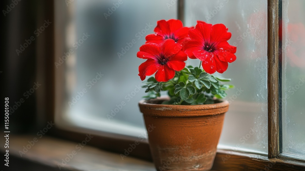 Fototapeta premium Vibrant Red Petunias in a Rustic Terracotta Pot by a Window