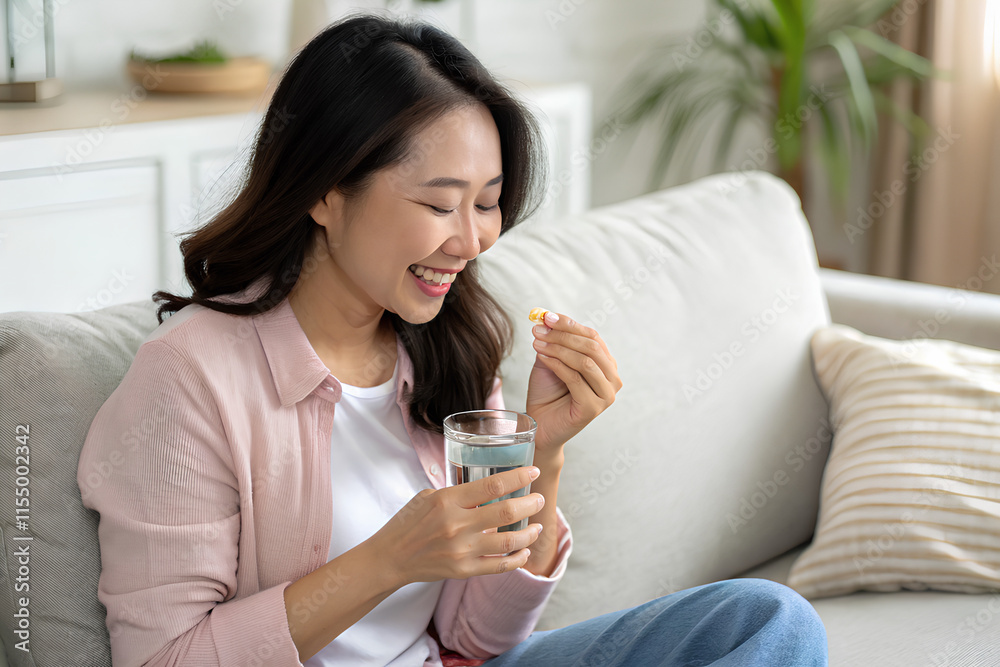 Asian woman holding glass of water and taking vitamin, taking Pill sitting on sofa Asian woman holding glass of water and taking vitamin, taking Pill sitting on sofa