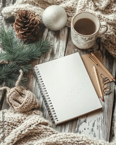 Winterinspired vertical workspace with a notebook, pencil, paper clips, and a decorative pine branch, creating a warm atmosphere for creative and holiday planning photo