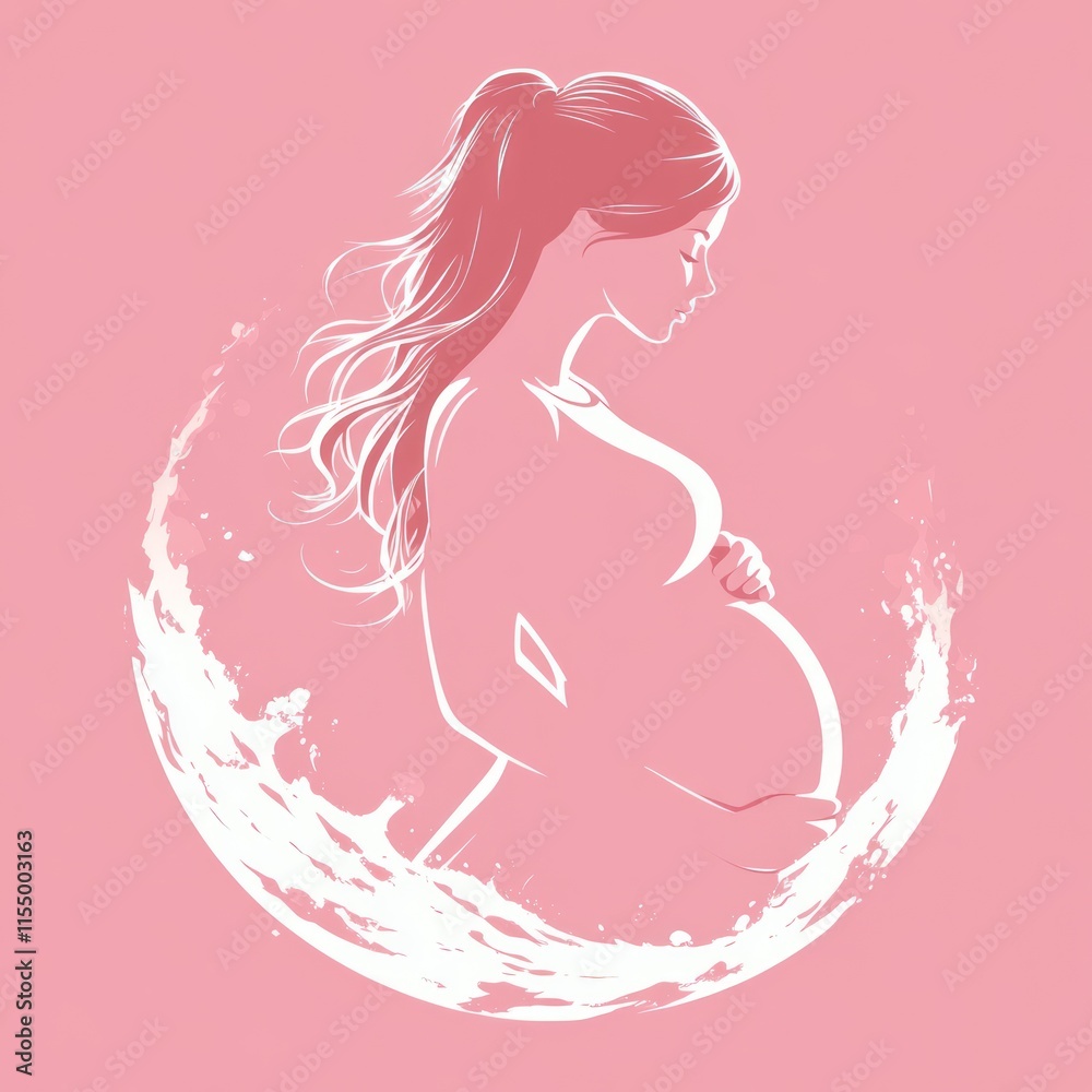 Side view of a pregnant woman with a gentle touch on her belly. A soft, feminine illustration, with a gentle, flowing design. Side view of a pregnant woman with a gentle touch on her belly. A soft, feminine illustration, with a gentle, flowing design.