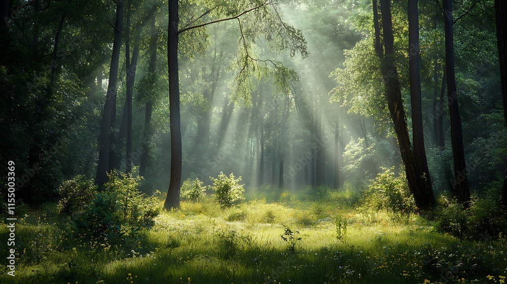 Obraz premium Sunbeams in a mystical forest. Magical forest landscape.