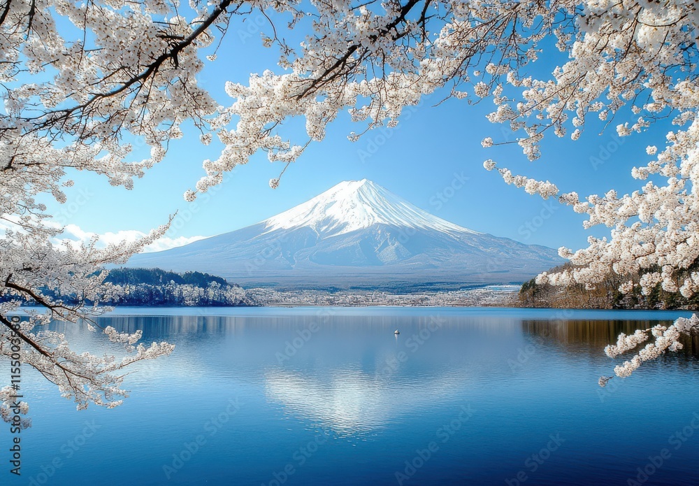 Fototapeta premium Serene View of Mount Fuji Surrounded by Cherry Blossoms and Reflecting in a Tranquil Lake Under a Clear Blue Sky in Japan