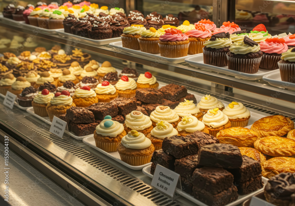 Fototapeta premium Delicious desserts in bakery case closeup