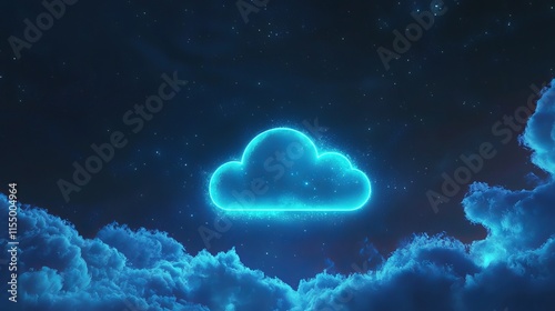 Glowing Neon Cloud Computing Symbol in Night Sky photo