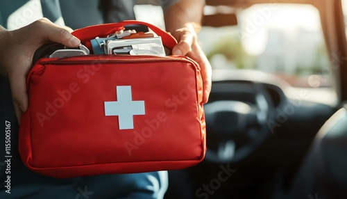 Person placing a first aid kit in the car trunk, focusing on the crucial role of emergency preparedness and safety in everyday life