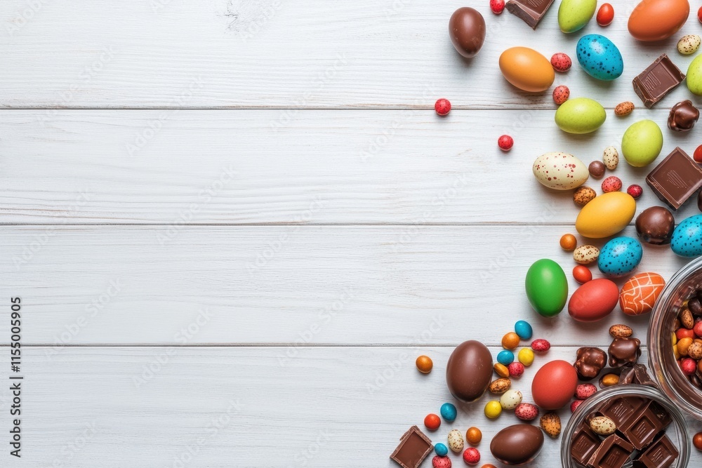 Obraz premium A beautiful arrangement of colorful Easter candies and chocolates displayed on a rustic wooden surface, creating a festive and cheerful atmosphere perfect for celebrating the holiday season