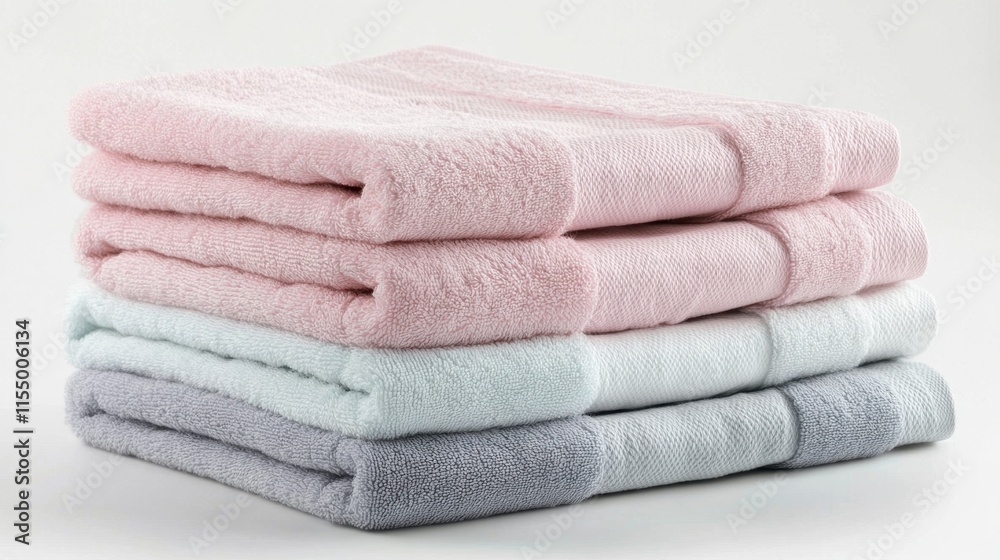 A stack of neatly folded pastel towels on a white background, representing cleanliness and softness.