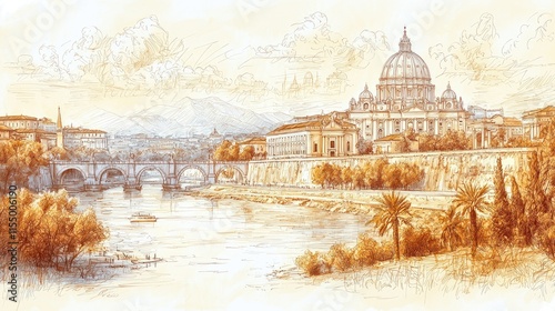 A sepia-toned illustration of the Vatican City by the river, showcasing its architectural beauty.
