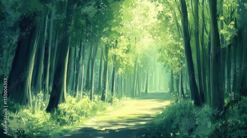 Fototapeta premium A tranquil forest path lined with tall, green trees, dappled sunlight breaking through the canopy above.